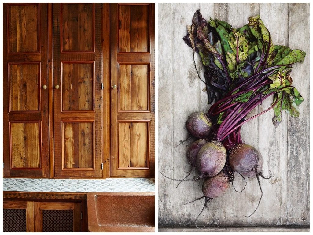 Reclaimed waxed pine traditional doors next to freshly picked beetroot