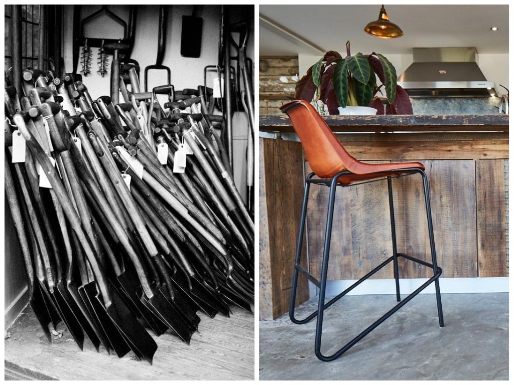 Vintage shovels and leather bar stool with metal base