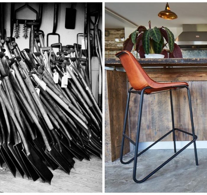 Vintage shovels and leather bar stool with metal base