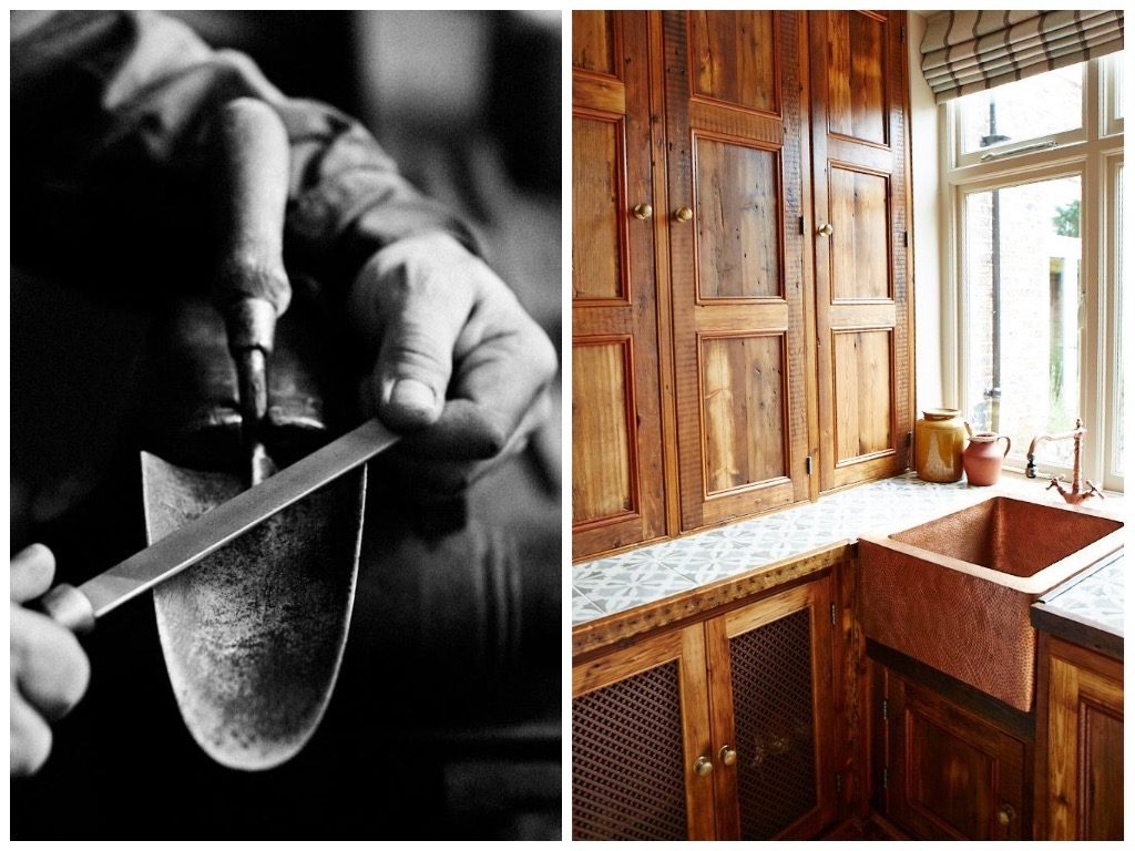 Rustic pine kitchen units and small shovel