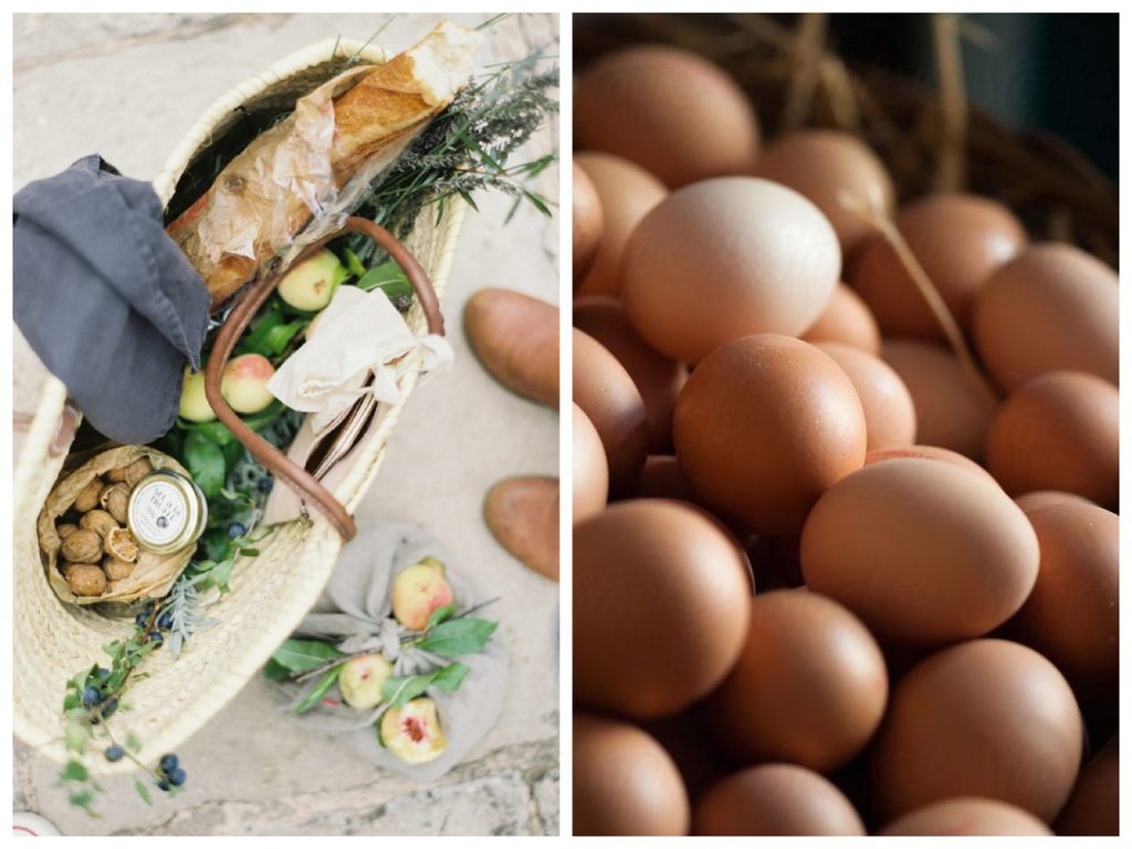 Basket with bread and fresh eggs