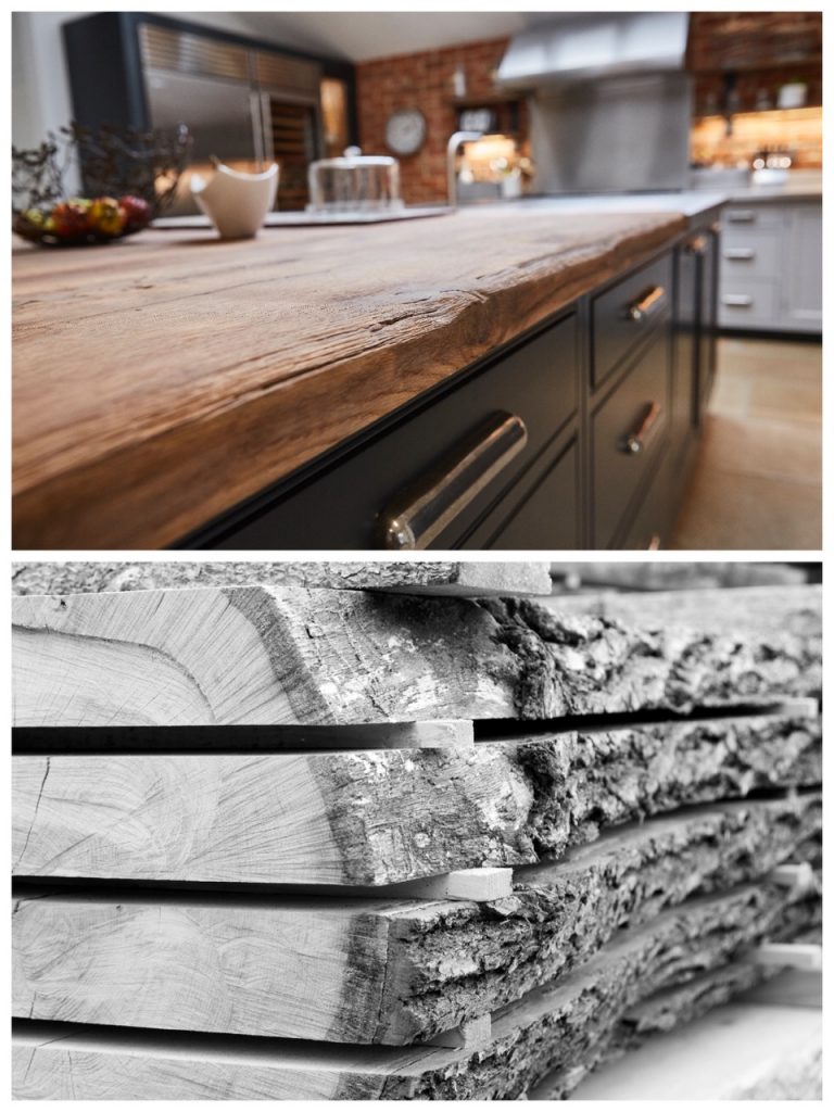 Reclaimed wood worktop and split oak wood log