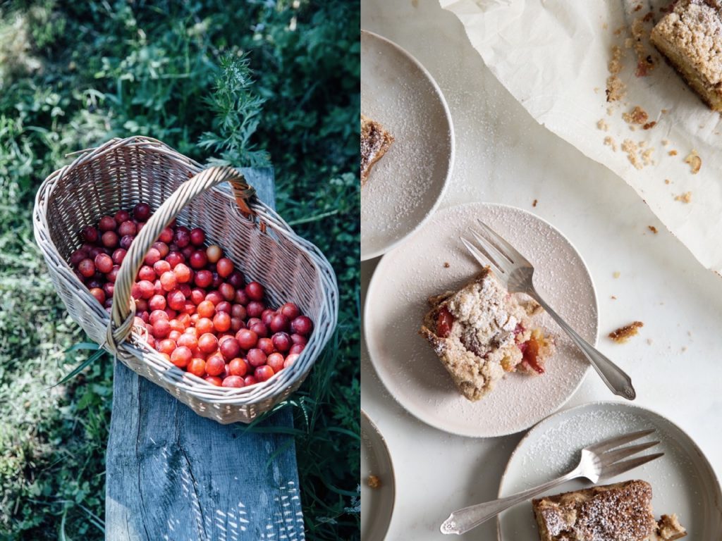 Fresh berries in a basket next to cut cake