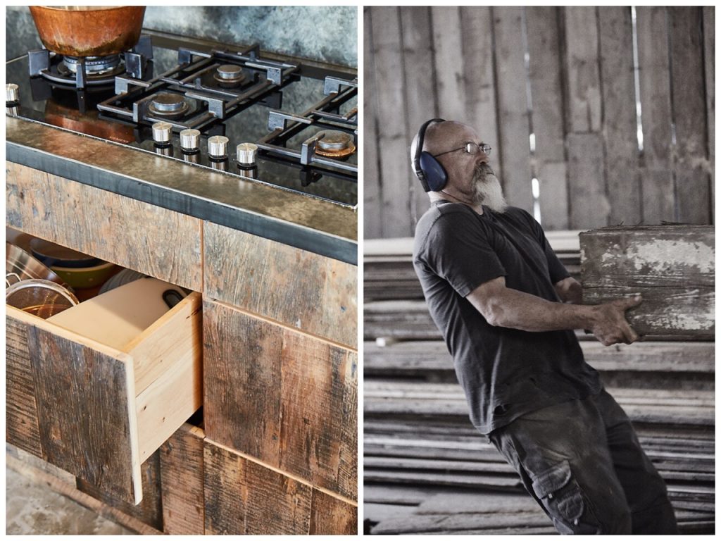 Reclaimed engineered drawer stack next to worker pulling raw oak beam through bandsaw 