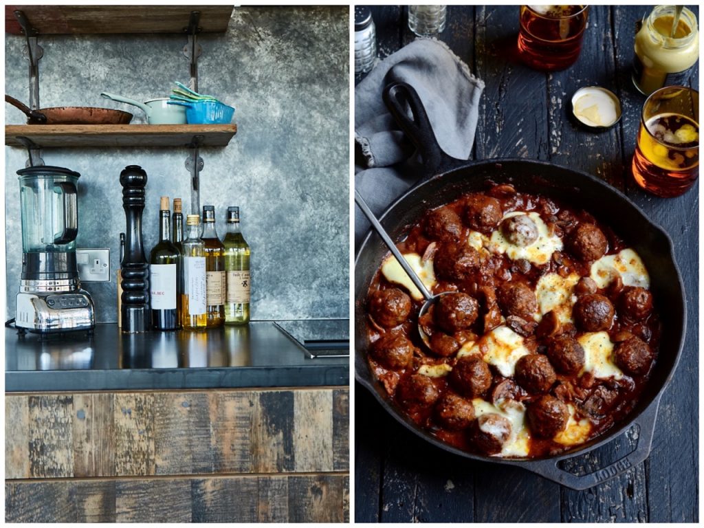 Meatballs in a pag next to reclaimed wood drawers