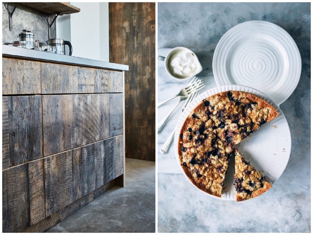 Crumble of white plate next to reclaimed wood drawers