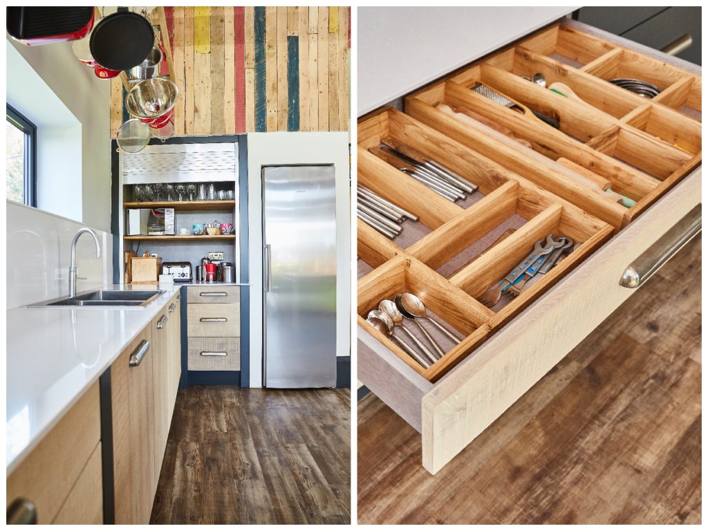 Stainless steel tambour door next to solid oak drawer divider