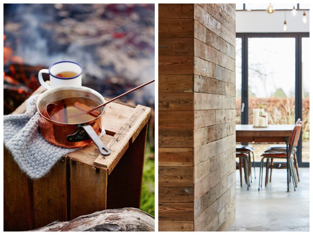 Hot tea sits on reclaimed crate 