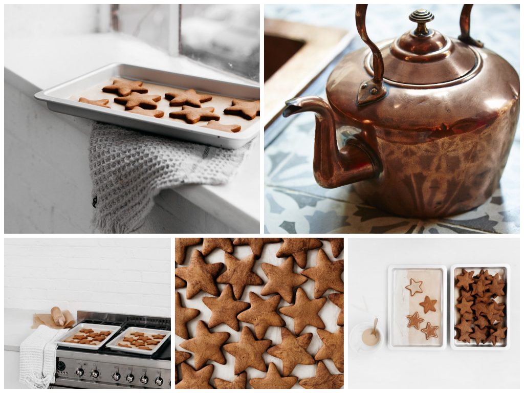 Collage of copper kettle, gingerbread stars and range cooker