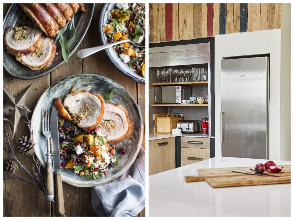 Collage of carved turkey and stainless steel fringe in reclaimed wood kitchen 