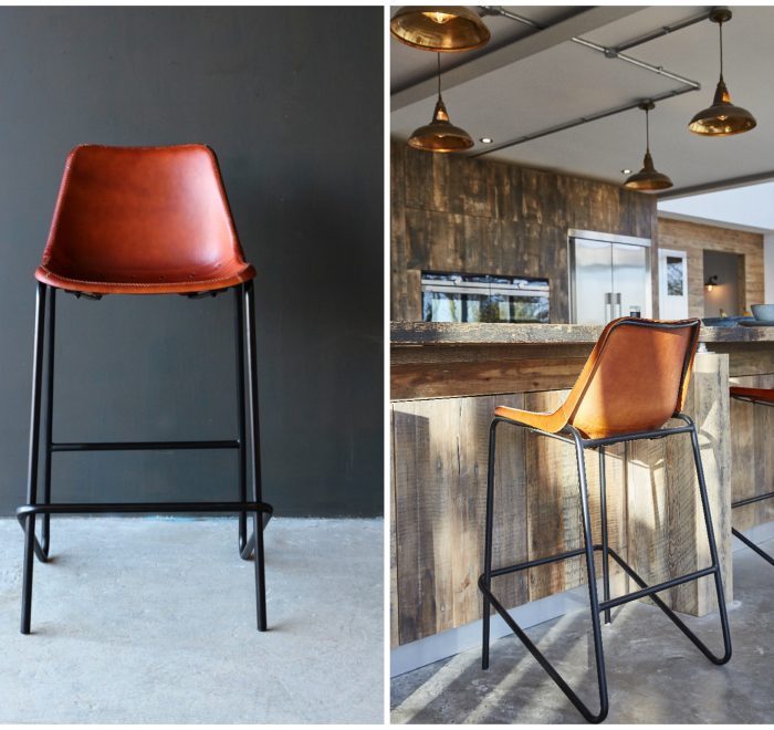 Light leather bar stool with black metal legs