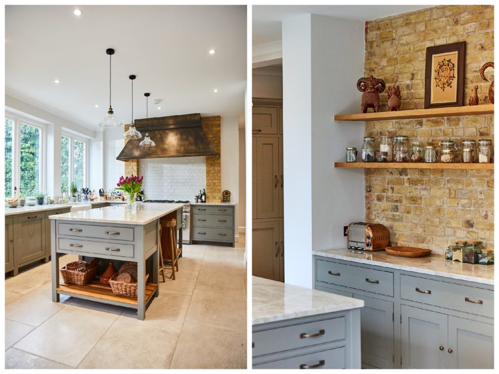 Bespoke kitchen cabinets next to yellow London brick wall