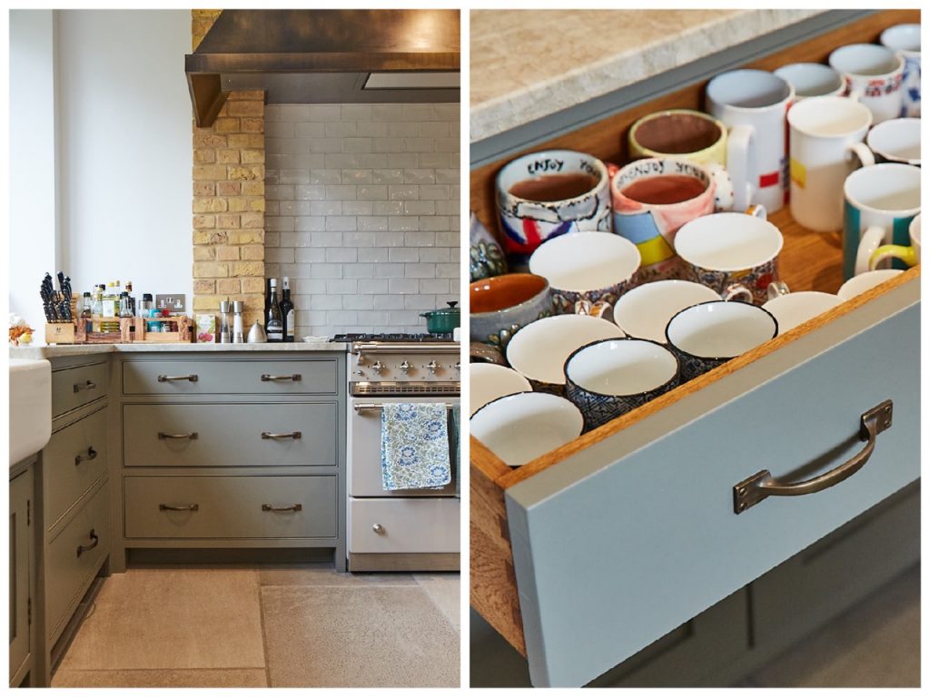 Bespoke kitchen drawer holding mugs with brass pull handles