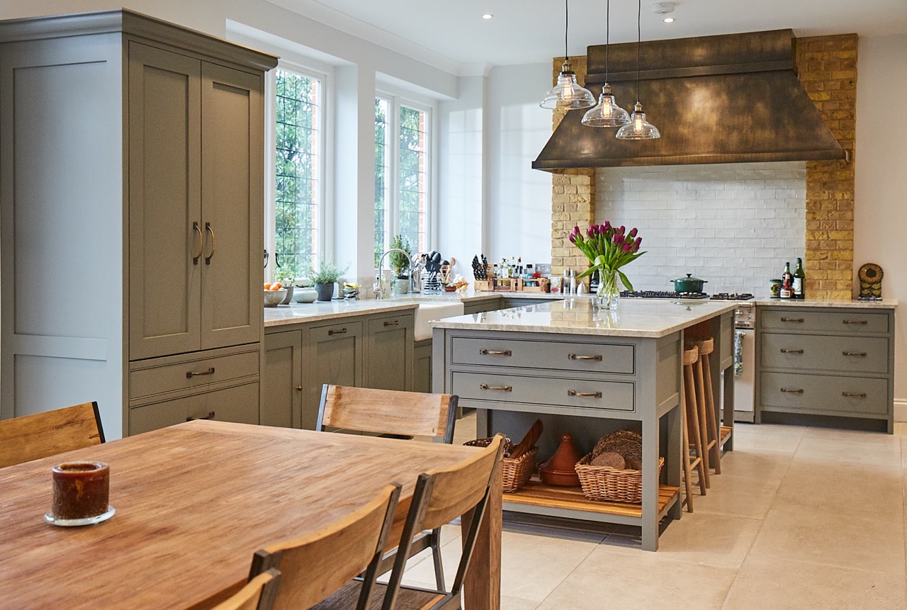 Grey moss pot board island in large open plan kitchen