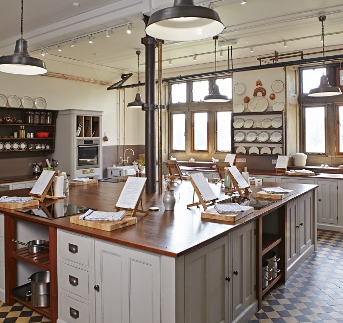 Cookery school large island with teak worktop