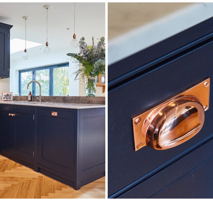 Dark blue kitchen drawer with copper cup handle