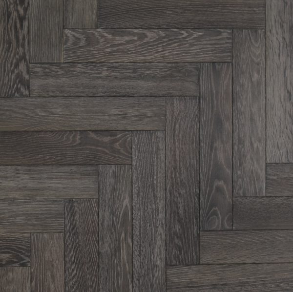 Parquet wood flooring in a black grey finish