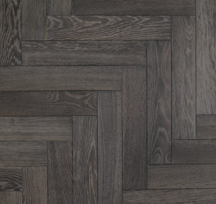 Parquet wood flooring in a black grey finish
