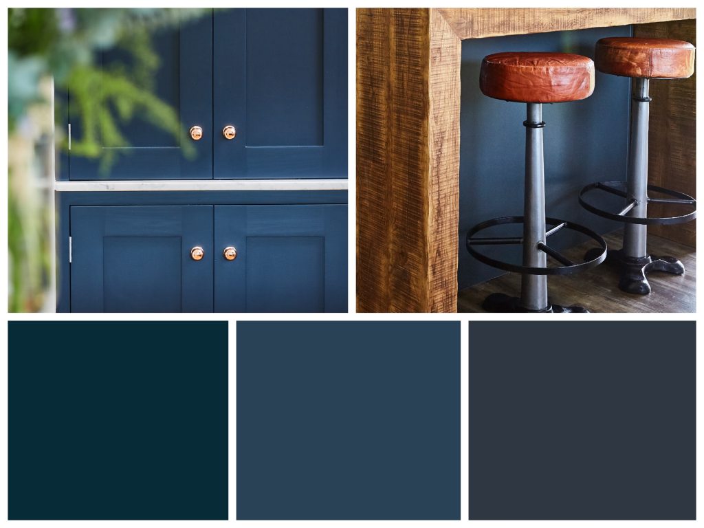 Blue colour palette next to leather bar stools under reclaimed wood breakfast bar