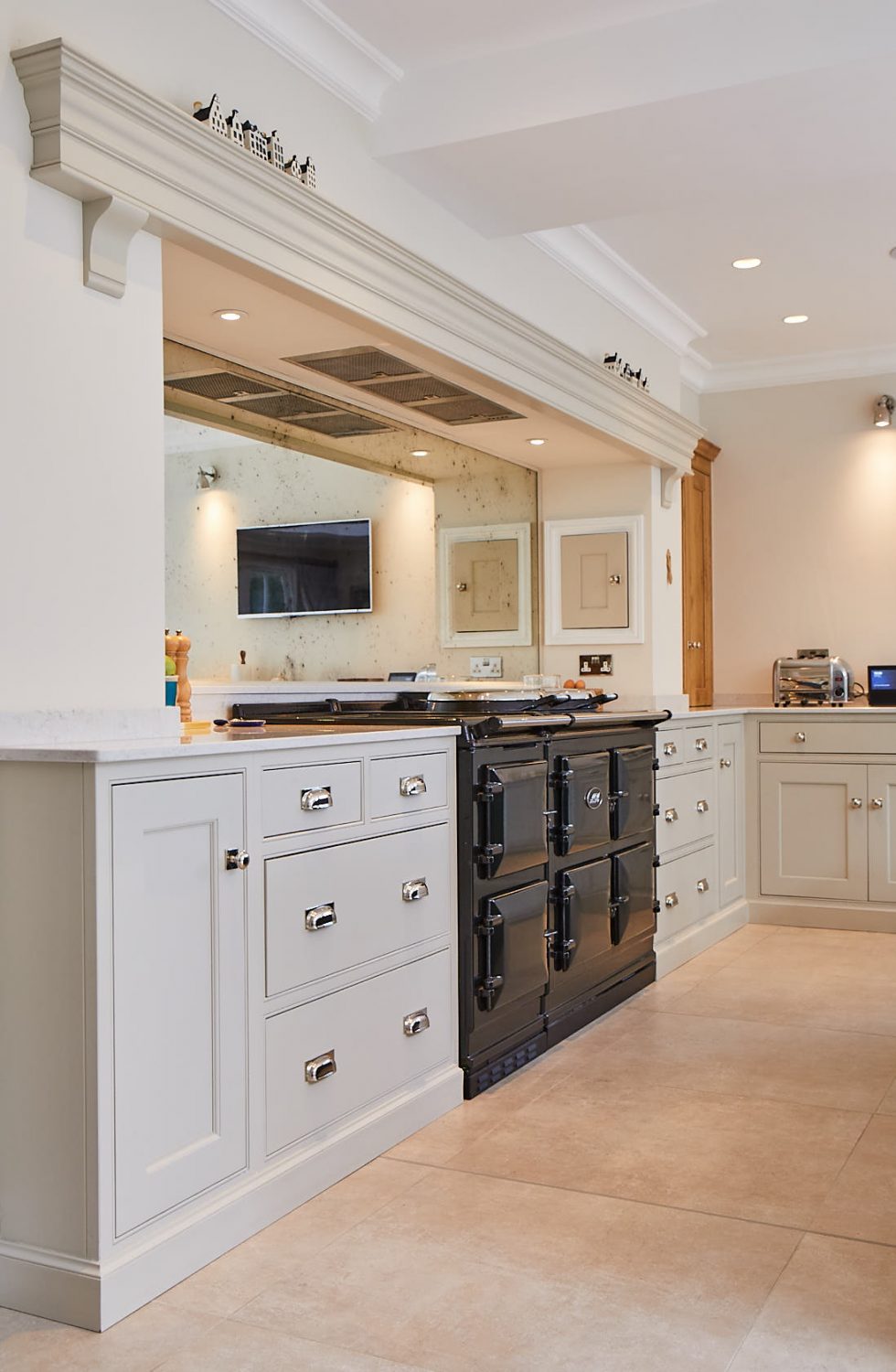 Large painted Little Greene mantle above black again on false chimney breast