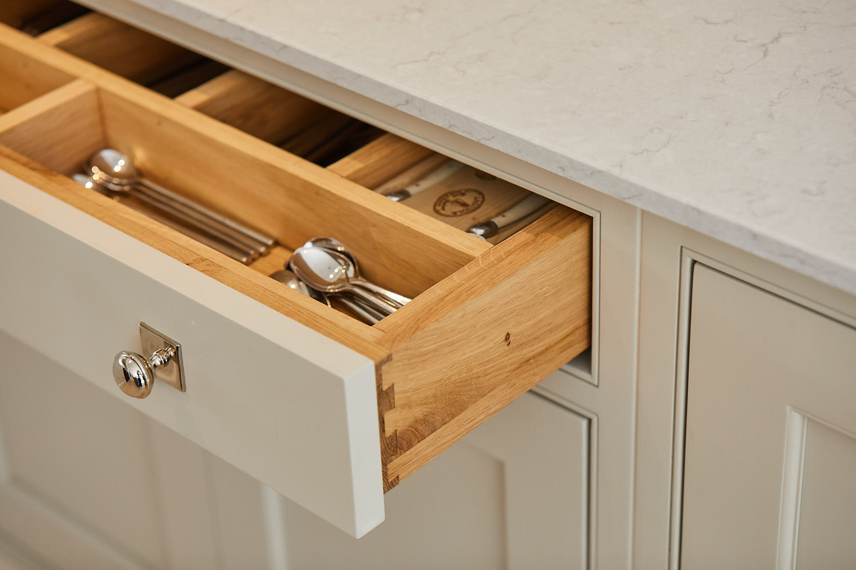 Solid oak drawer box with dovetail joints and cutlery insert