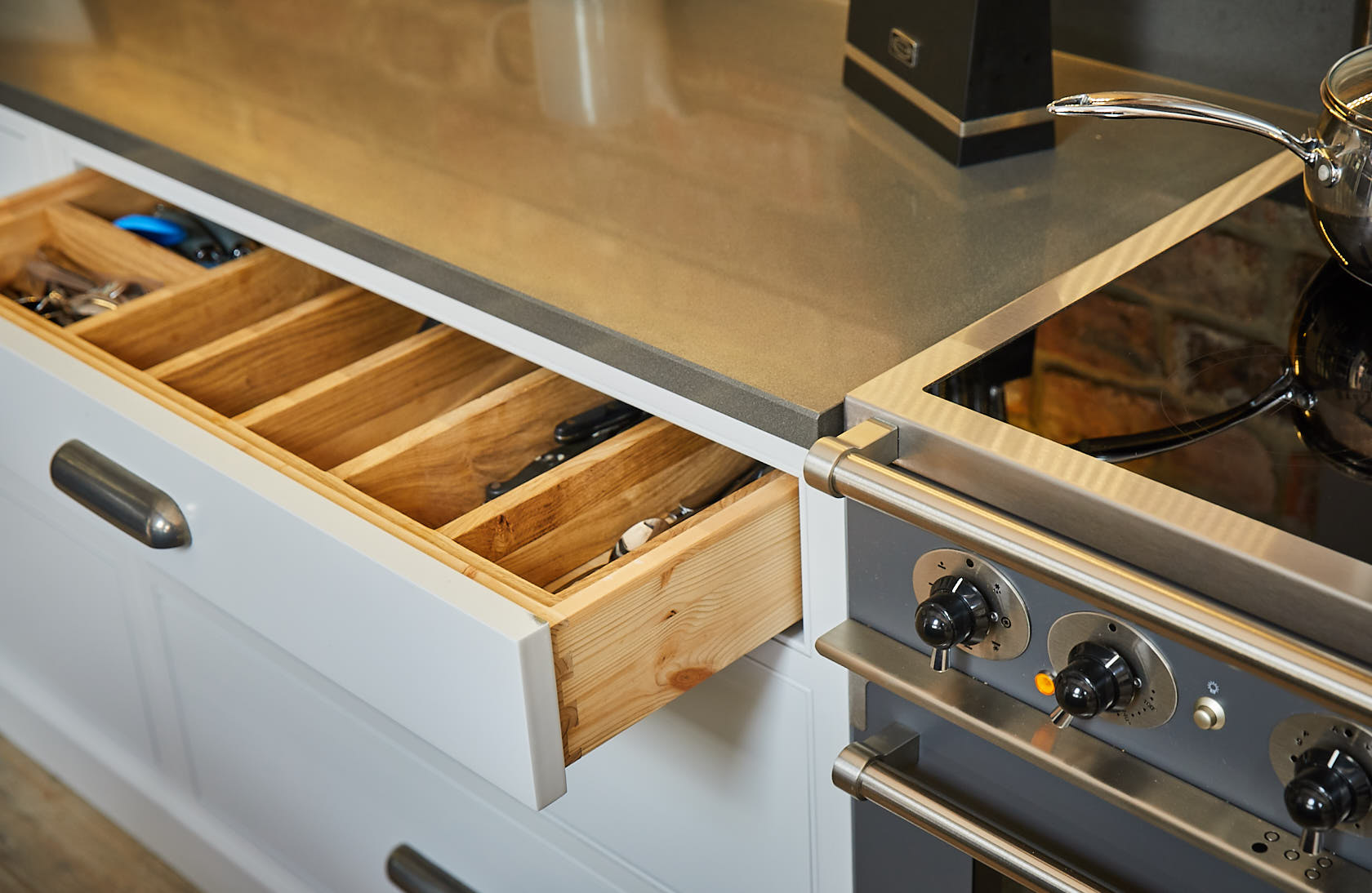 Bespoke kitchen drawer with dovetail box made from solid pine
