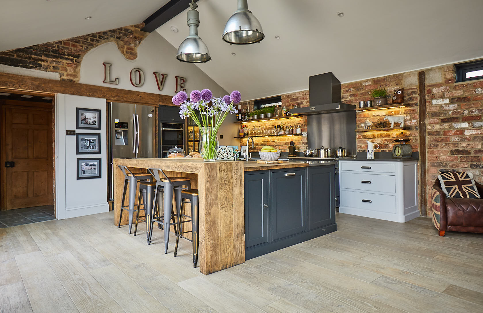 Vaulted room with bespoke industrial kitchen