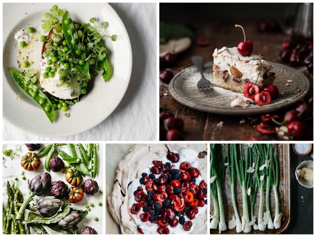 Fresh vegetables next to cake with cherry on top 