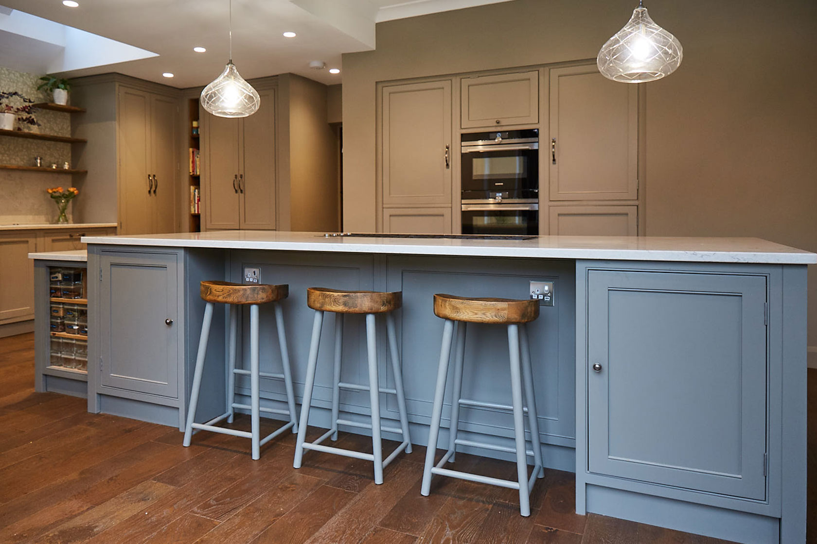 Chunky farmhouse stools with oak seat and painted legs