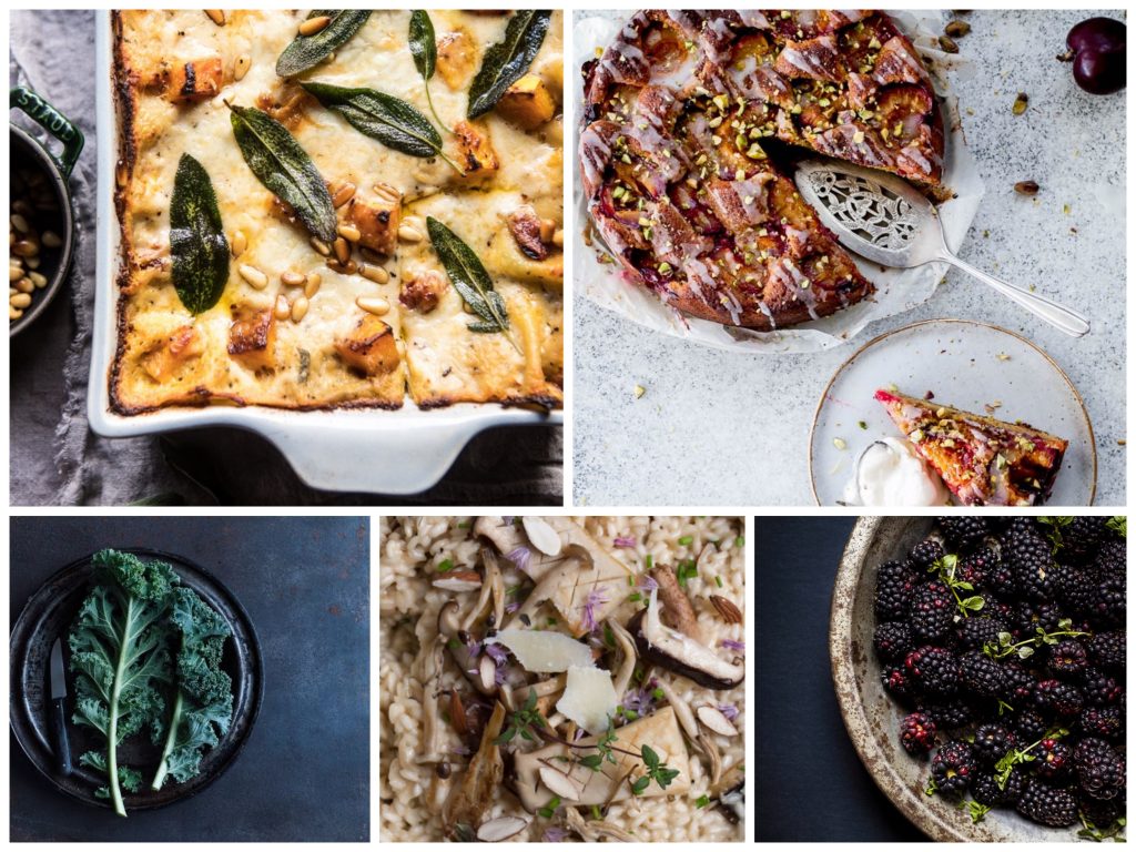 Baked pies in various metal and ceramic bowls