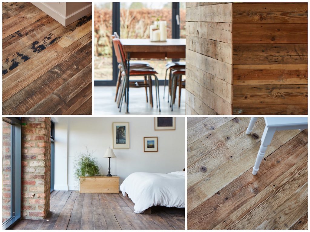 Reclaimed flooring and cladding in bedroom