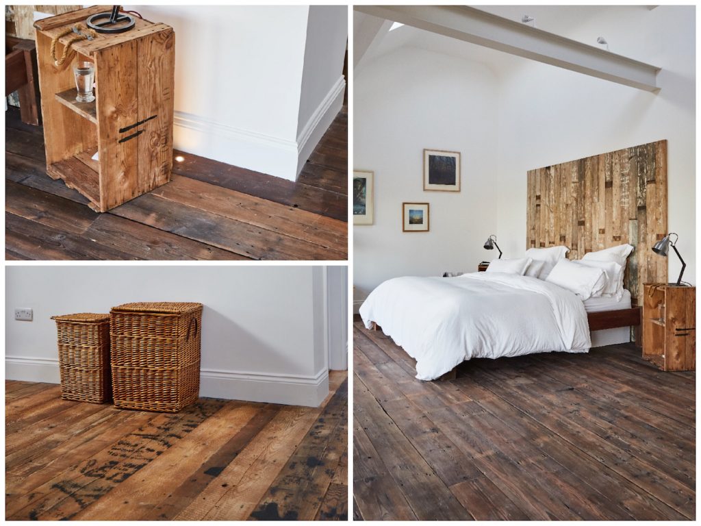 Reclaimed oak flooring with basket and bed