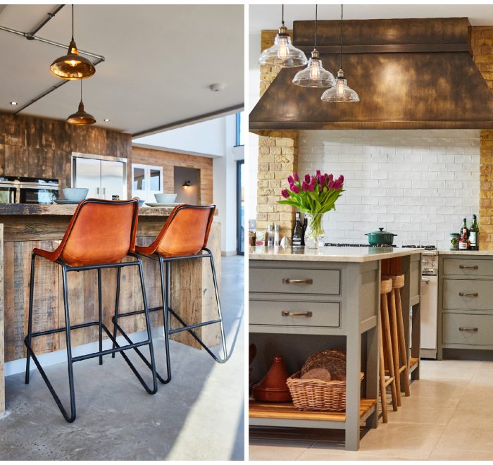 Leather bar stools with powder coated black legs next to grey moss painted kitchen island