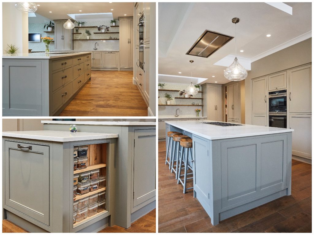 Simple painted kitchen island with oak floor