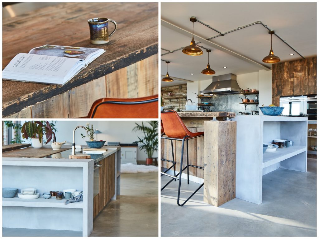 Reclaimed oak kitchen island with concrete open end units