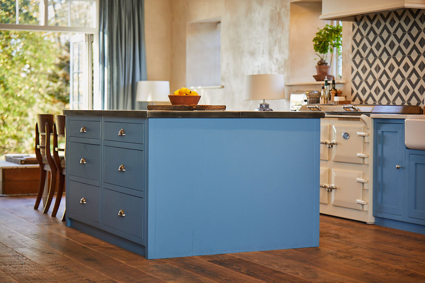 Two pan drawers in bespoke kitchen island with zinc worktop
