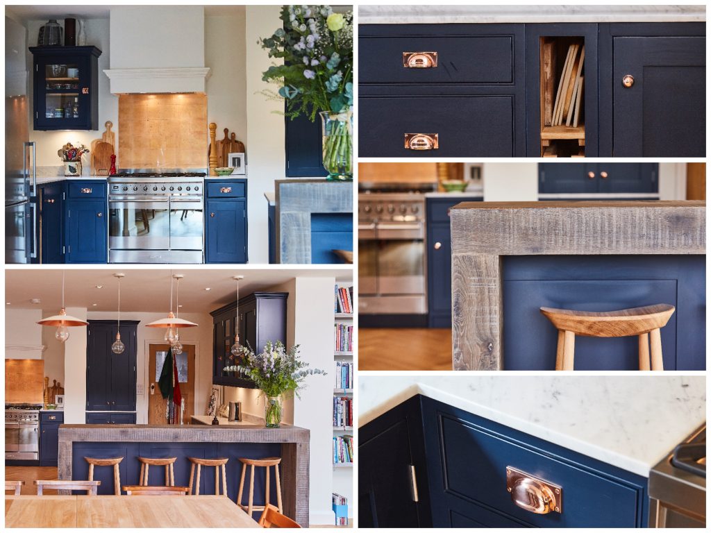 Dark blue bespoke kitchen with copper and oak accents