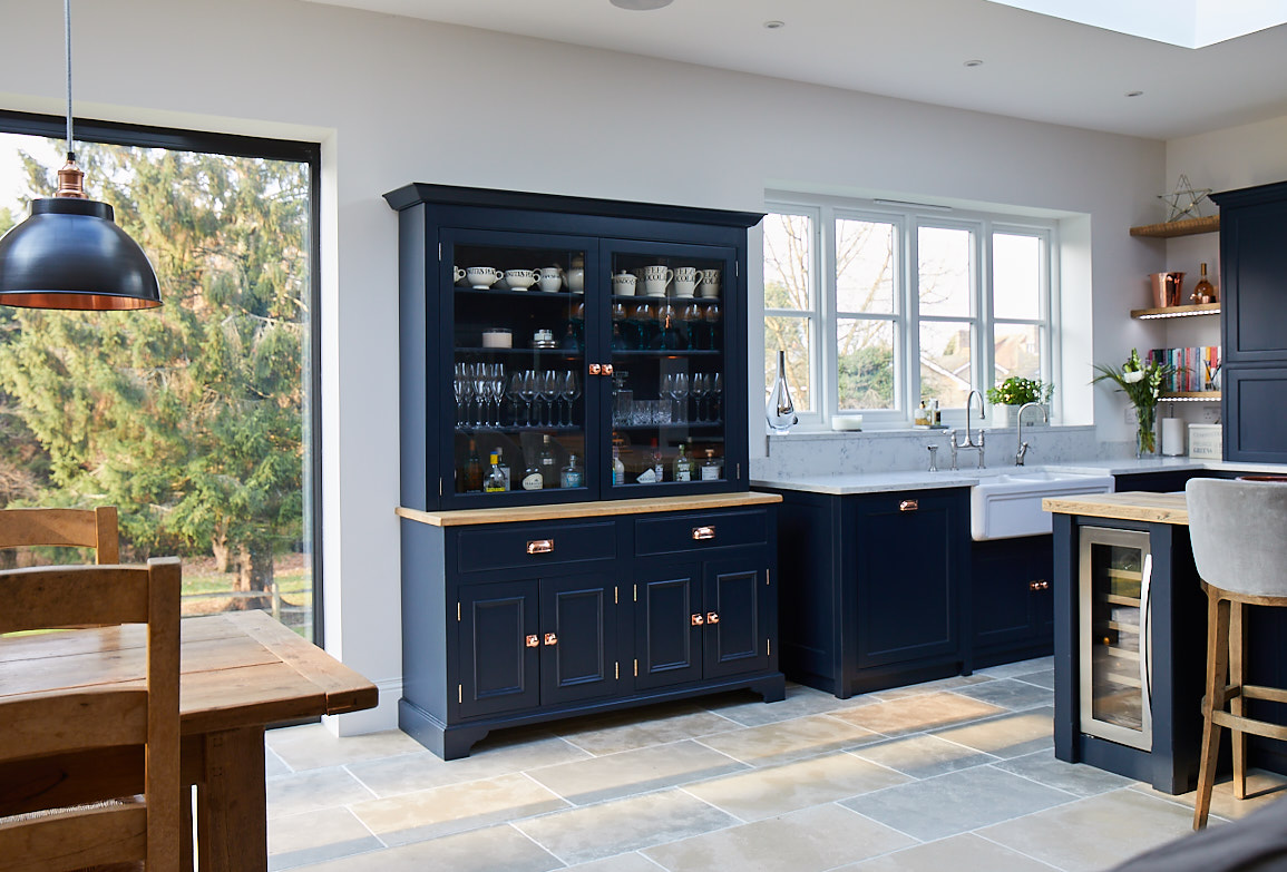 Traditional dark blue country dresser with copper handles