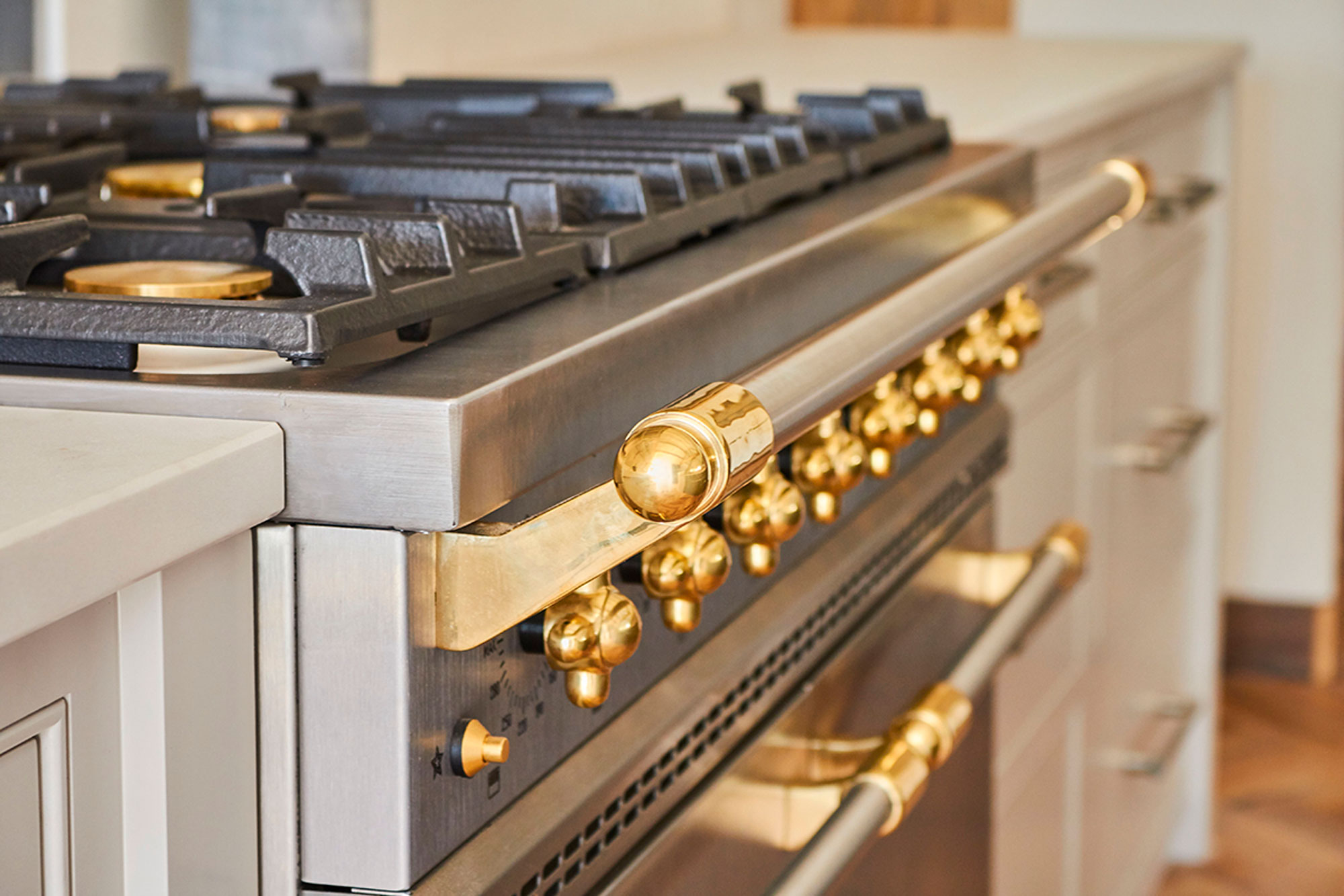 Stainless steel Lacanche gas range cooker with brass detail