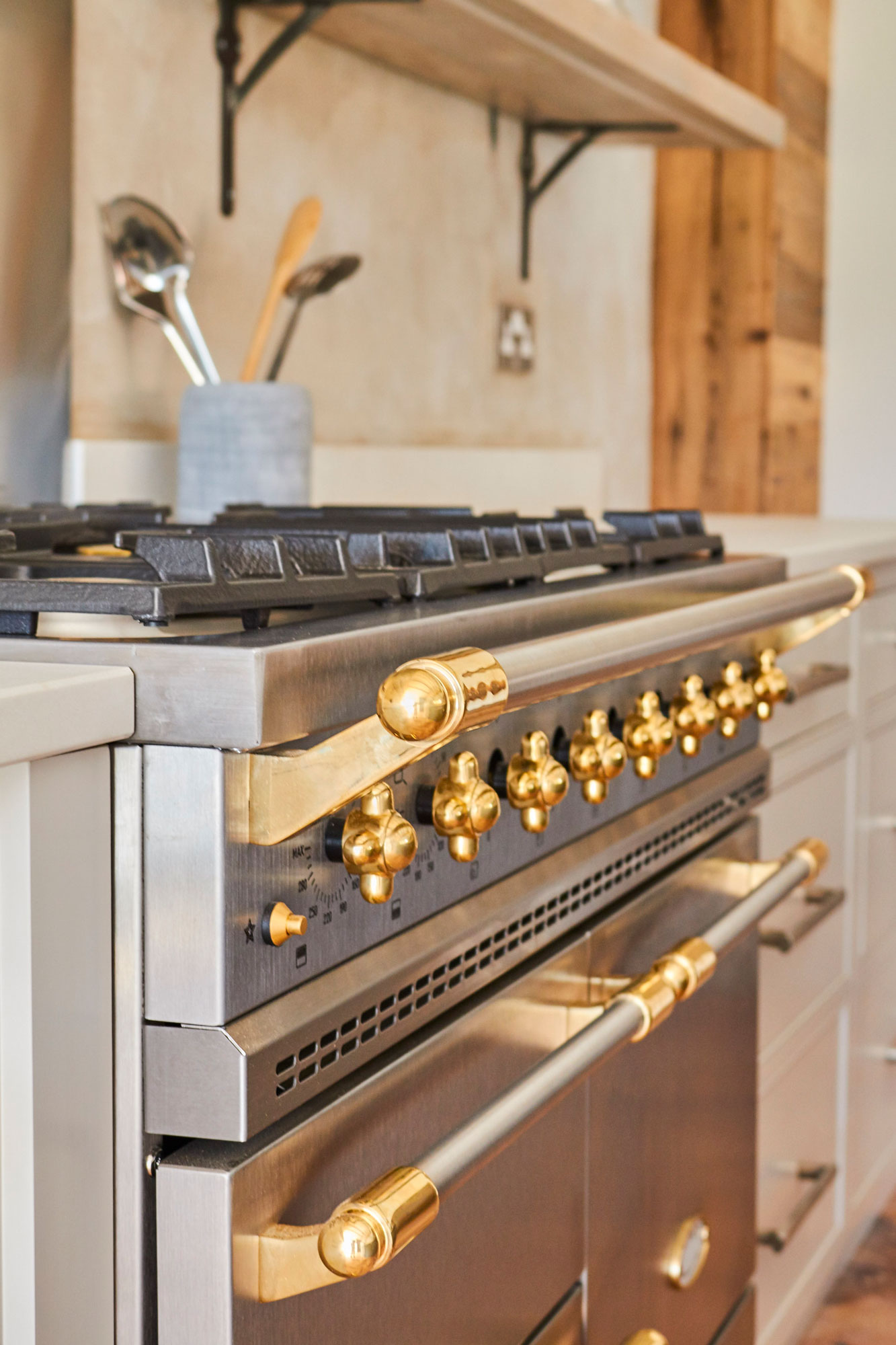 Brushed stainless steel Lacanche Macon gas range cooker with brass trim