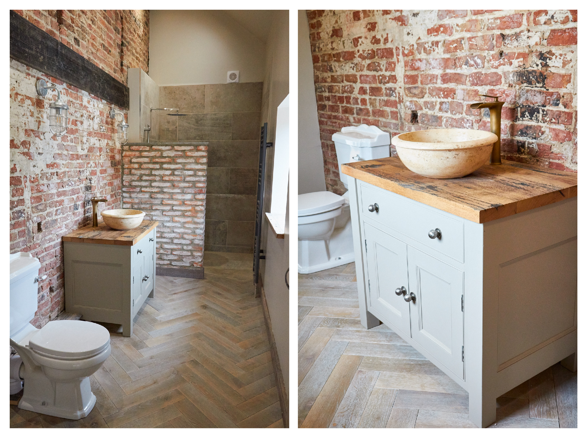 Painted vanity unit on parquet herringbone oak floor