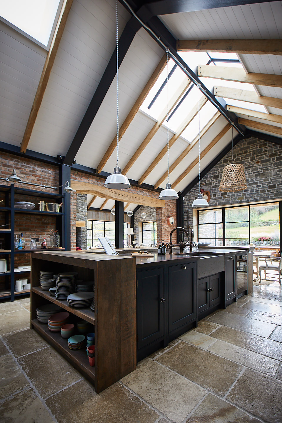 Vaulted room with reclaimed kitchen and painted island cabinets