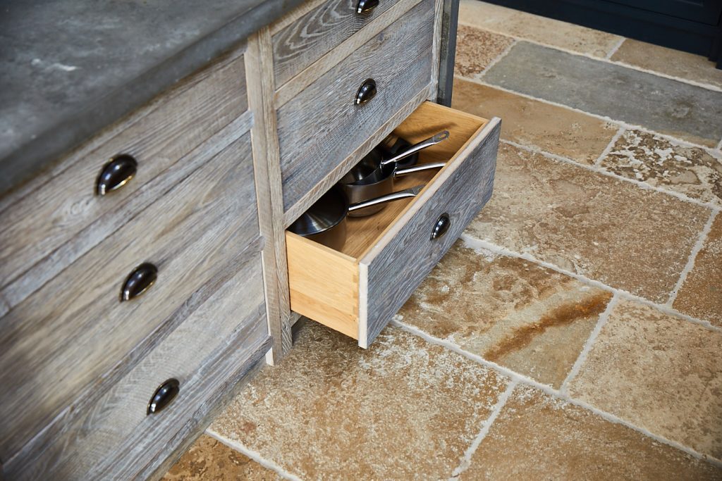 Solid oak pan drawer with pans in