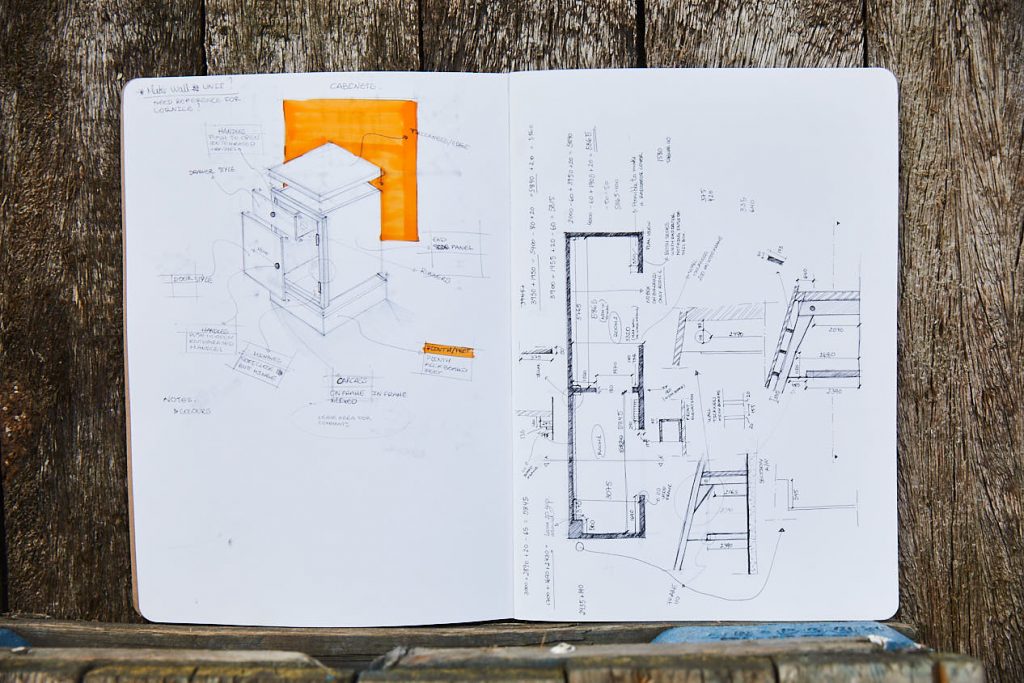 Hand drawn kitchen sketches in notebook