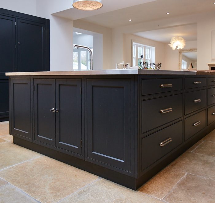 Bespoke kitchen island painted in Little Greene Lamp Black with stainless steel worktop