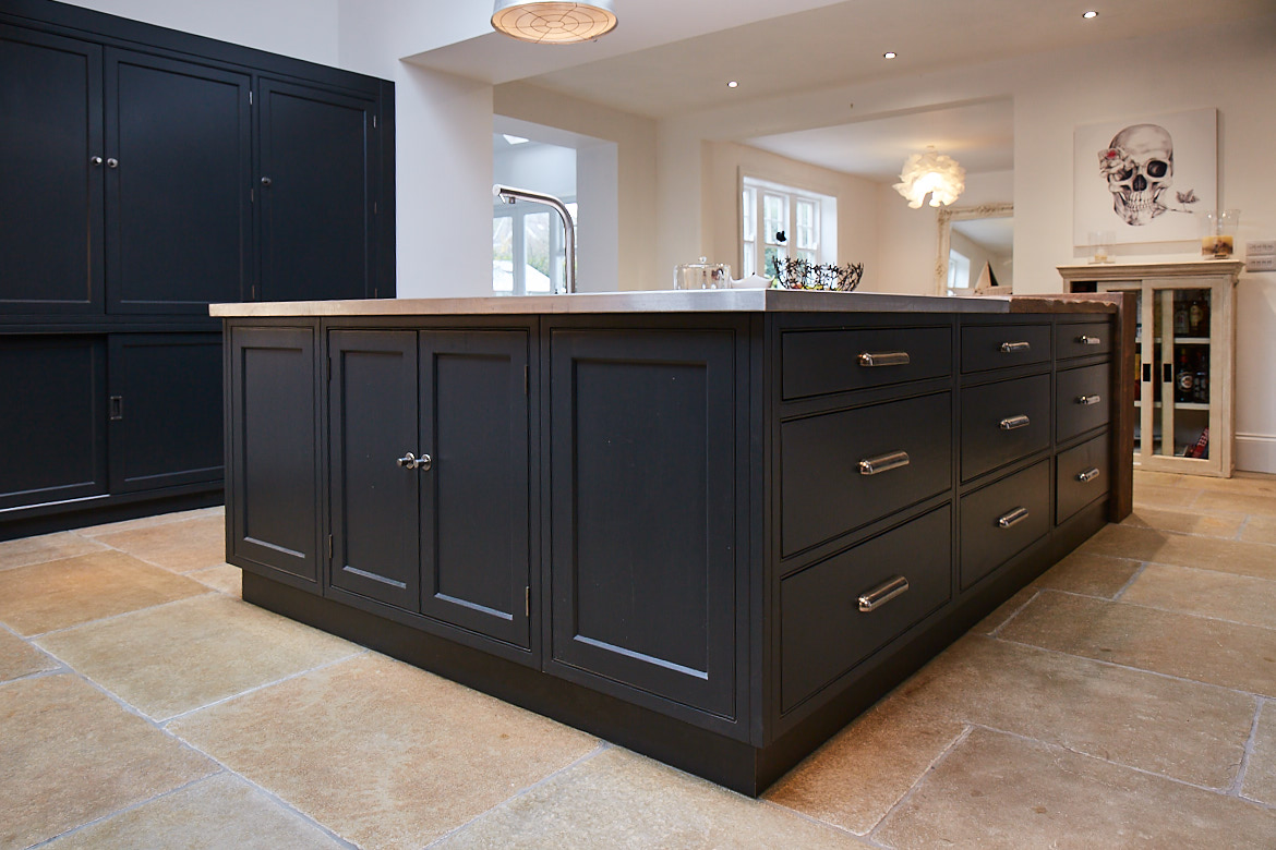 Bespoke kitchen island painted in Little Greene Lamp Black with stainless steel worktop