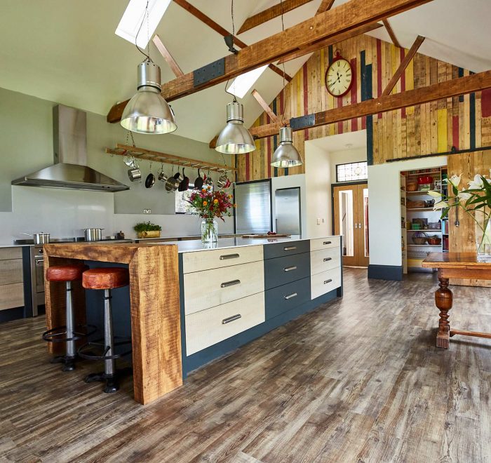 Bespoke kitchen in large vaulted ceiling room with painted and reclaimed wood drawers