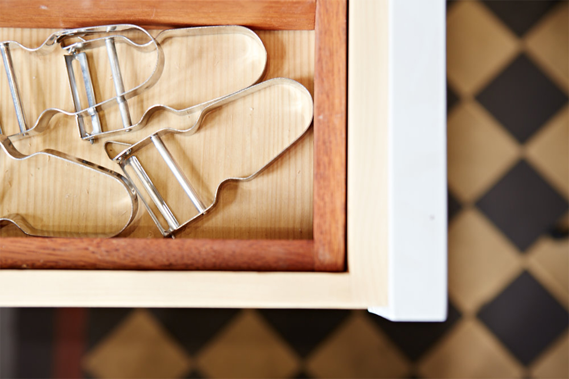 Solid pine drawer box holds solid teak potato slicer divider