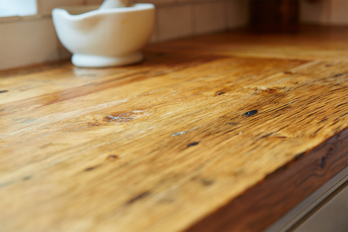 Reclaimed pine worktop with pestle and mortar