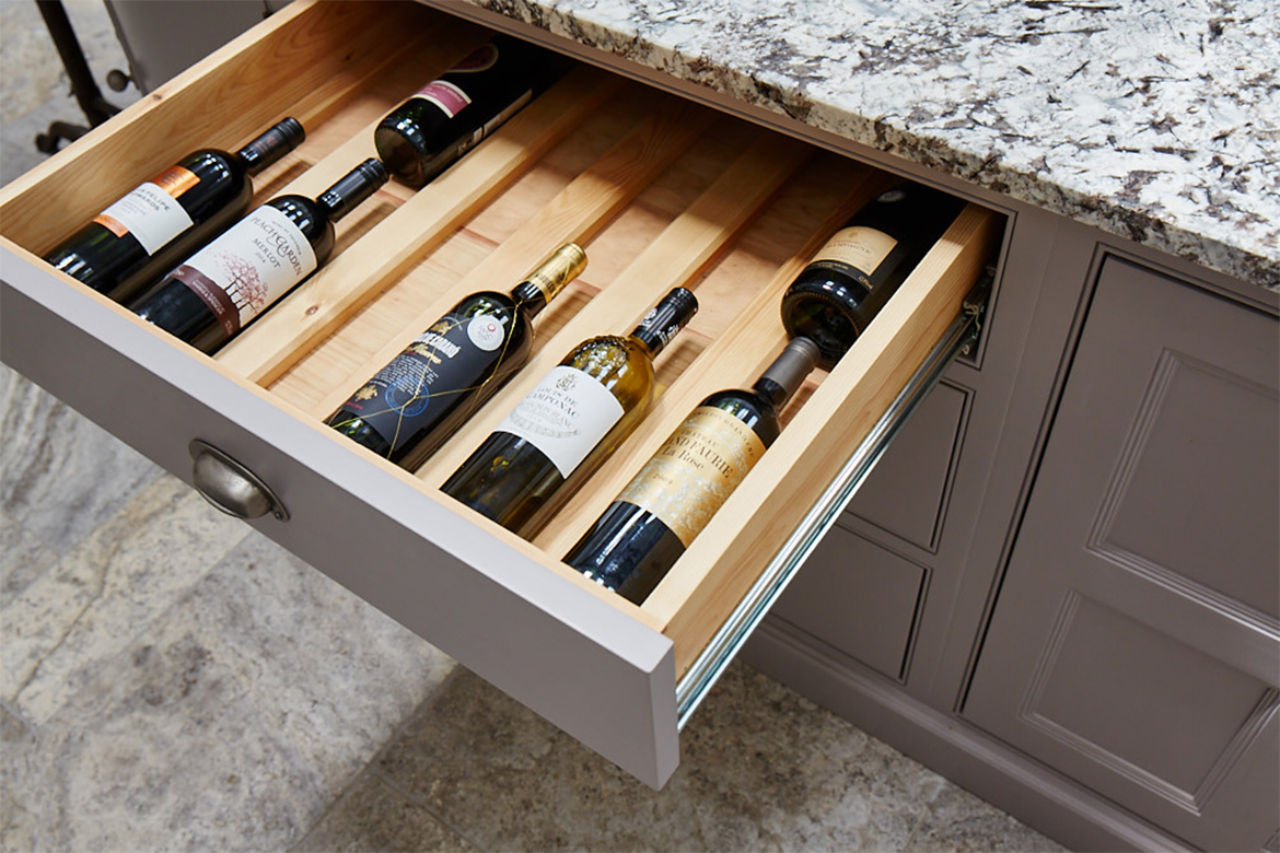 Solid oak drawer box with bespoke wine insert